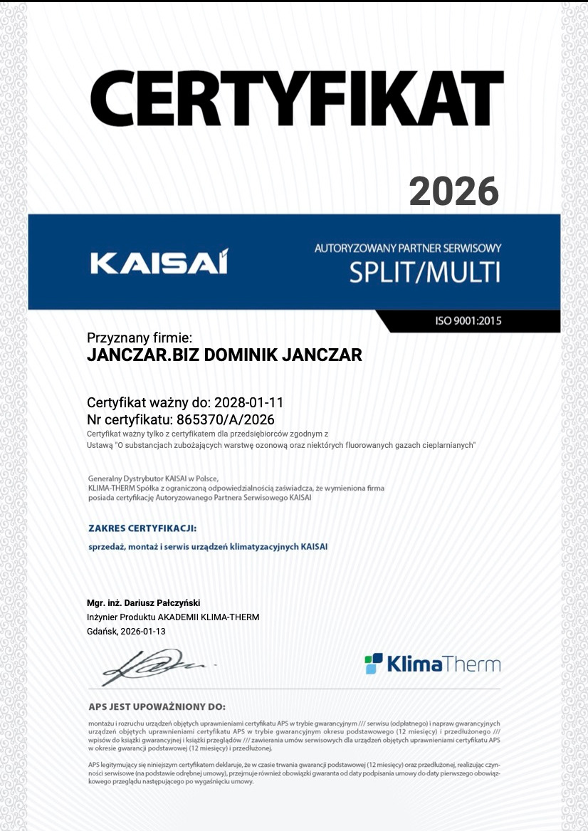 Certyfikat autoryzacji firmy JANCZAR.BIZ DOMINIK JANCZAR jako partnera serwisowego KAISAI (SPLIT/MULTI) do 2028 r. Uprawnienia do sprzedaży, montażu i serwisu klimatyzacji.