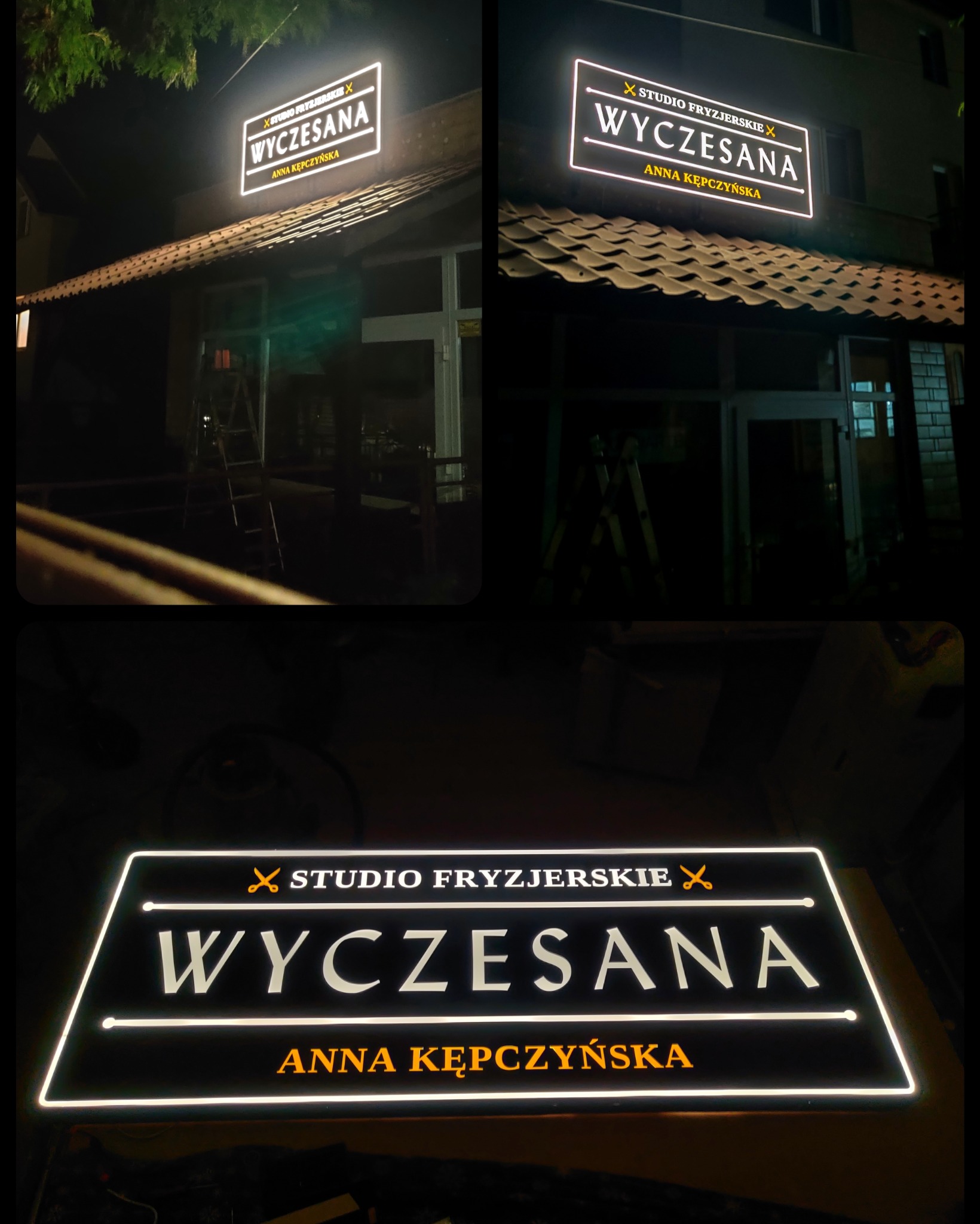 Podświetlany szyld reklamowy salonu fryzjerskiego 'Wyczesana' z nazwiskiem Anna Kępczyńska, widoczny nocą na tle budynku i fragmentu dachu.