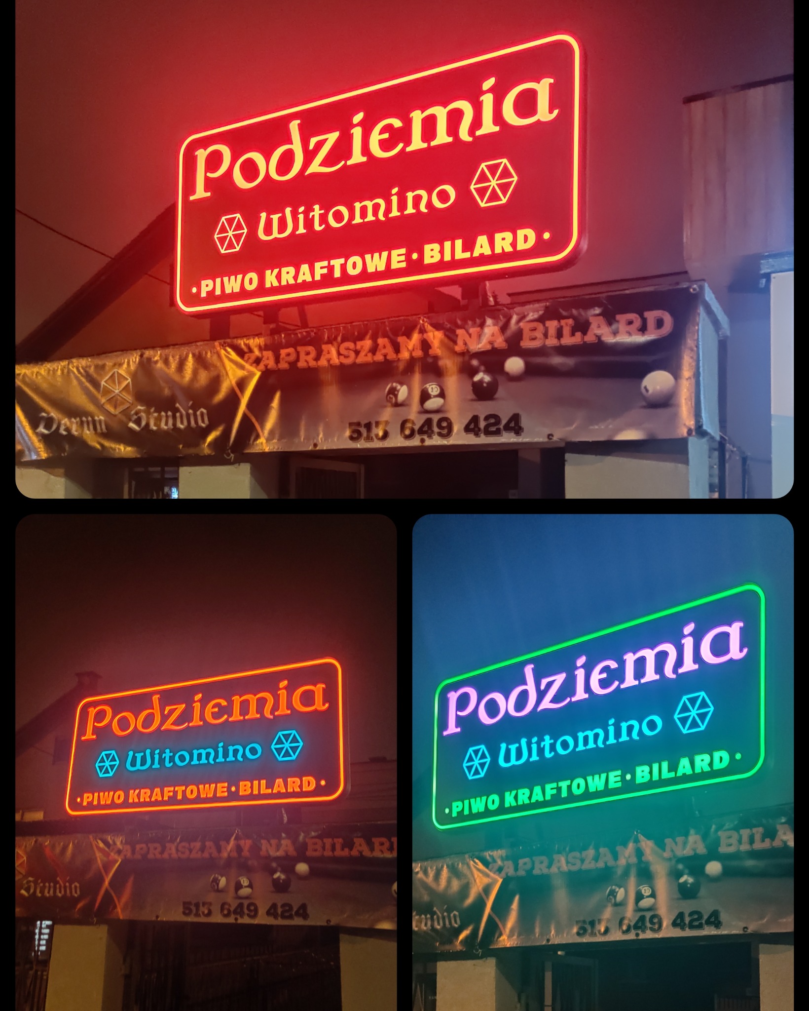 Neonowy szyld 'Podziemia Witomino', oferujący piwo kraftowe i bilard, zawieszony nad wejściem z banerem zapraszającym na bilard, z widocznym numerem telefonu.