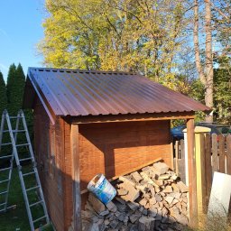 martin zych - Brązowy blaszany dach na drewnianej szopie ogrodowej, z drabiną opartą o ścianę, stosem drewna i puszką po farbie obok, w słoneczny dzień.