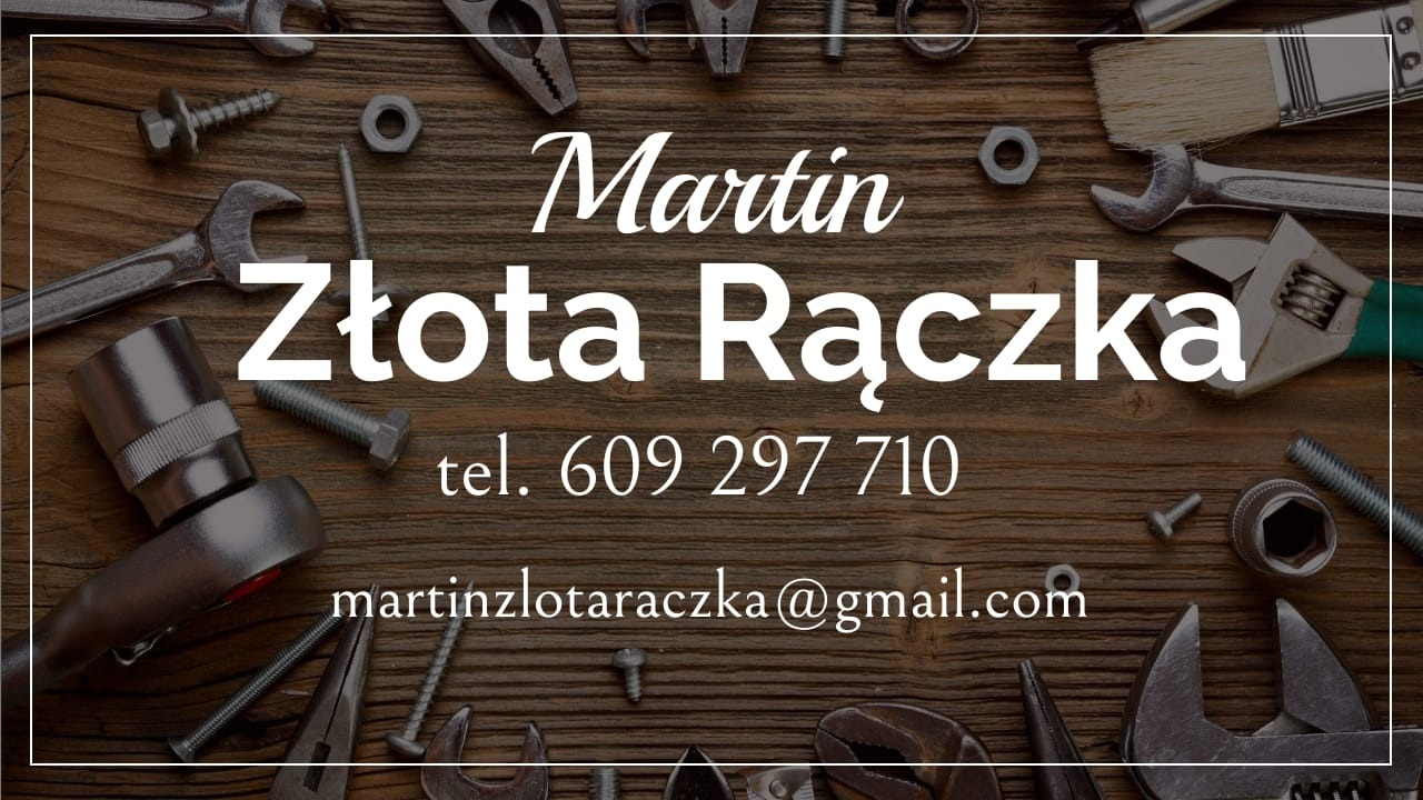 Wizytówka firmy remontowej Martin Złota Rączka z numerem telefonu i adresem email na tle drewnianego stołu z narzędziami, takimi jak klucze, śrubokręty i szczotka.