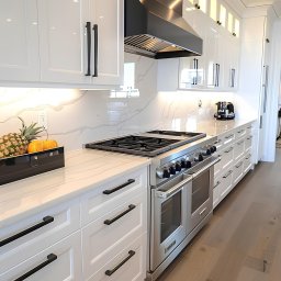 PROGRES SPÓŁKA Z OGRANICZONĄ ODPOWIEDZIALNOŚCIĄ - Nowoczesna, jasna kuchnia z białymi szafkami z czarnymi uchwytami, blatem z marmurowym wzorem, stalową kuchenką i czarnym okapem. Na blacie dekoracyjny koszyk z ananasem i pomarańczami.