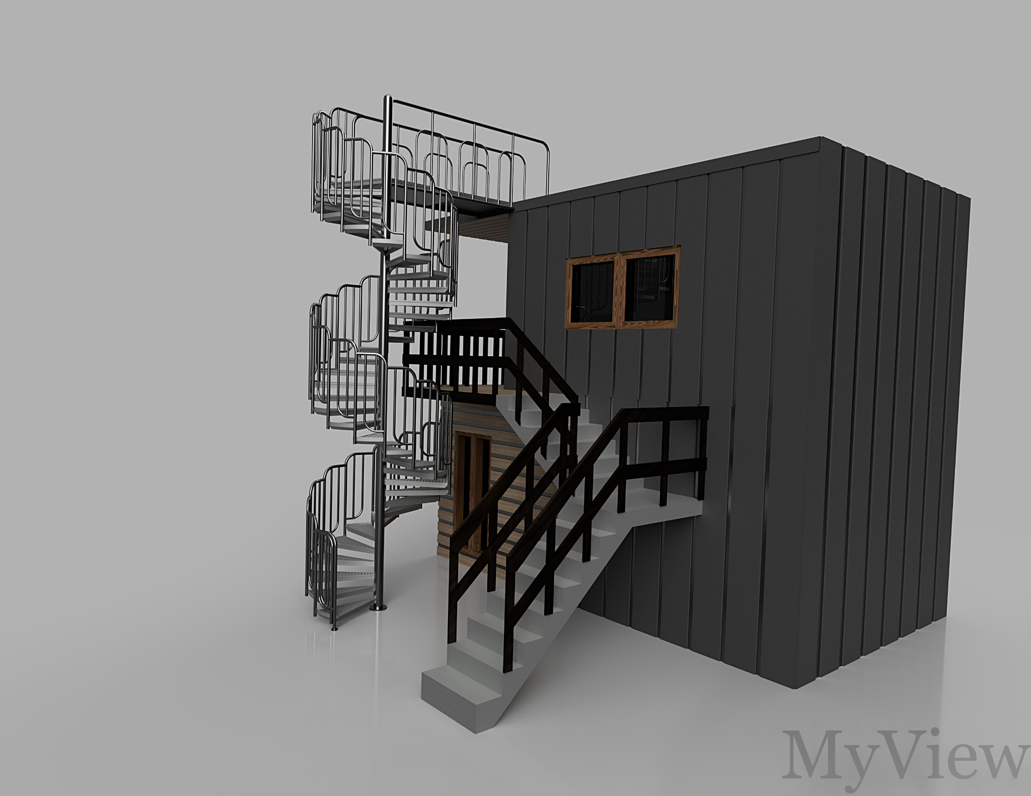Wizualizacja budynku z metalowymi schodami spiralnymi i drewnianymi schodami z balustradą, ukazująca połączenie stylów architektonicznych.