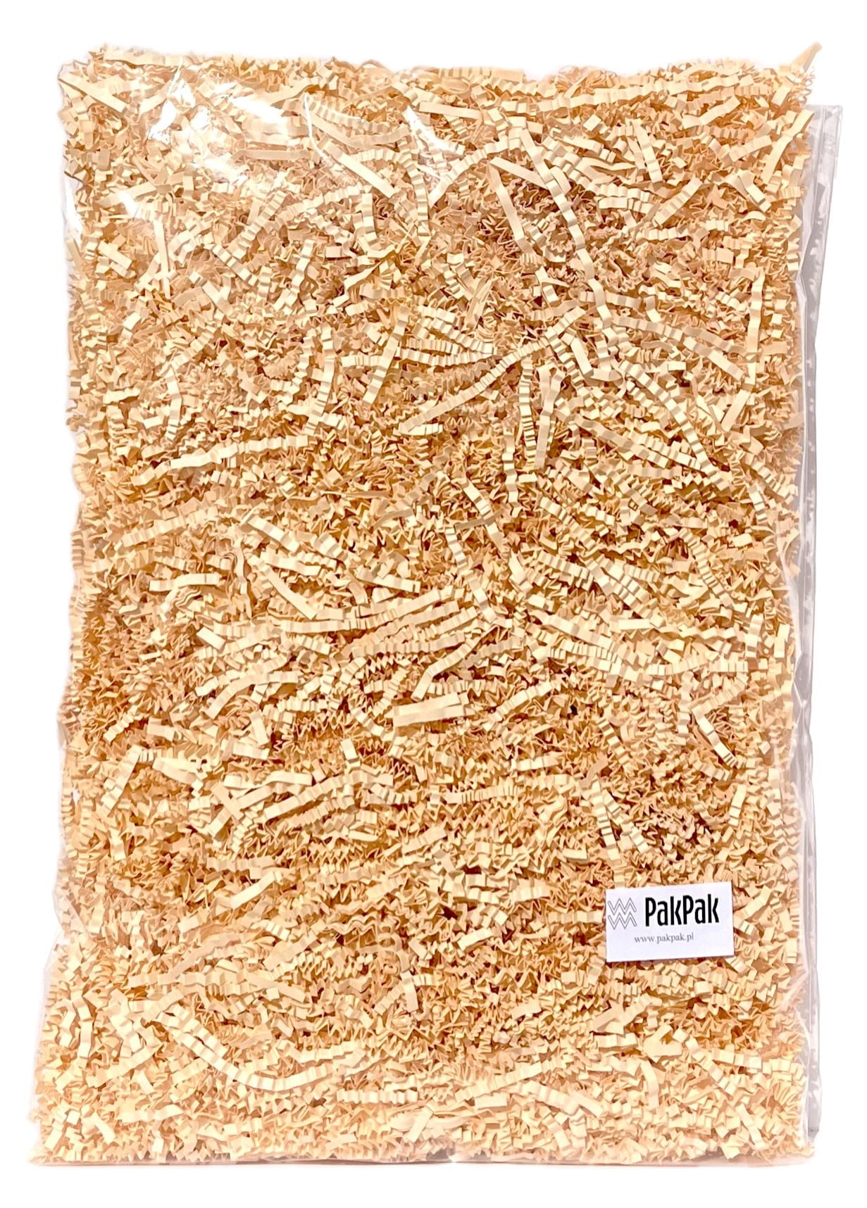 Przezroczysta torebka wypełniona beżowym, pociętym papierem falistym, widoczne logo firmy PakPak w prawym dolnym rogu.