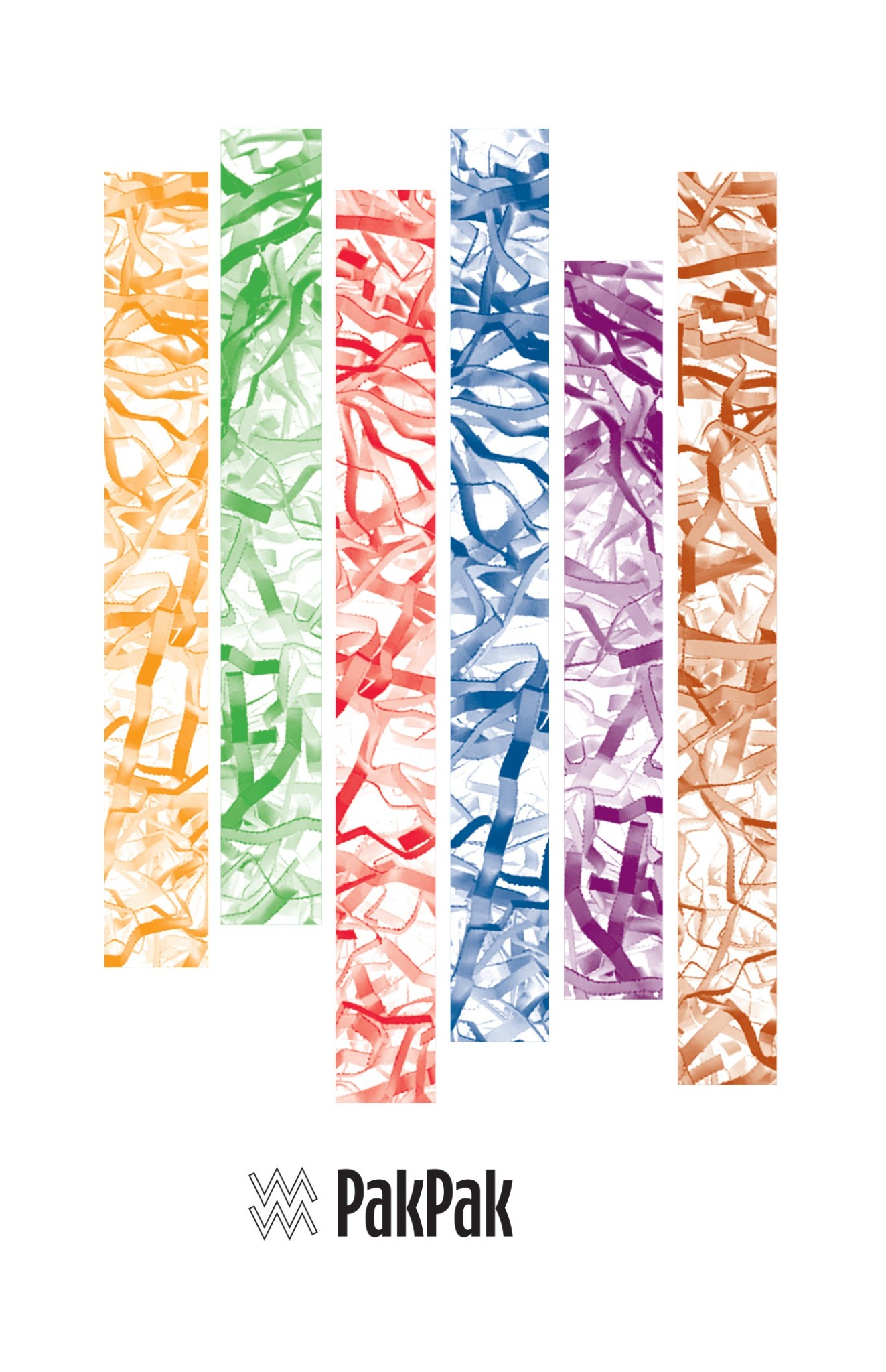 Grafika z logo PakPak przedstawiająca pionowe pasy w kolorach pomarańczowym, zielonym, czerwonym, niebieskim, fioletowym i brązowym, wypełnione abstrakcyjnym wzorem przypominającym pocięty papier...