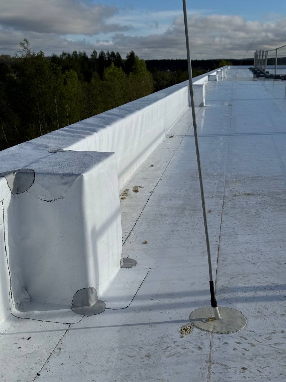 Biały, płaski dach z detalami wykończeniowymi i metalowym masztem antenowym. Widoczne zabezpieczenia krawędzi dachu i elementy mocujące. Tło: zielone drzewa i błękitne niebo.