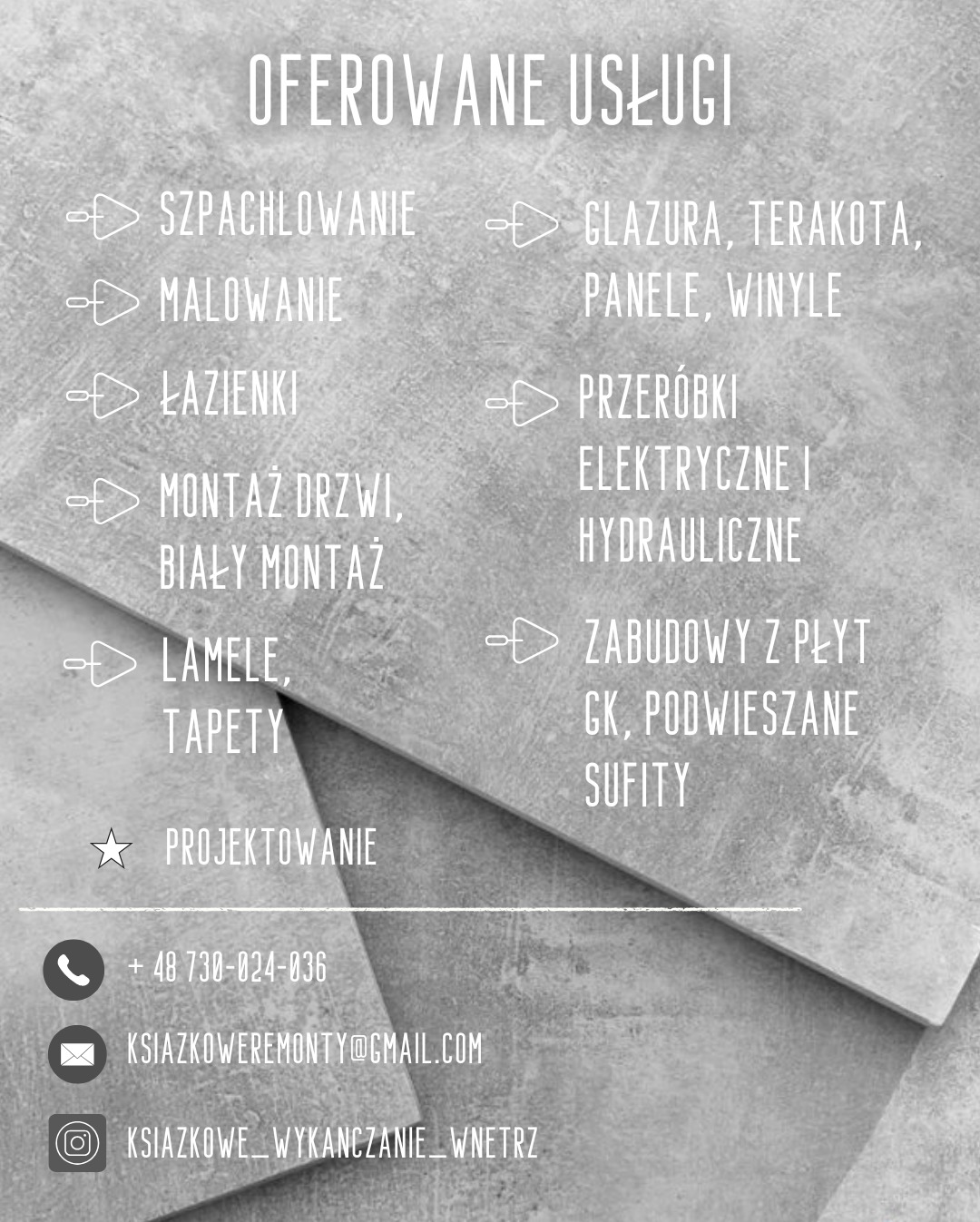Grafika prezentująca listę oferowanych usług remontowych i wykończeniowych, w tym szpachlowanie, malowanie, montaż glazury, paneli, przeróbki elektryczne i hydrauliczne, zabudowy z płyt GK...