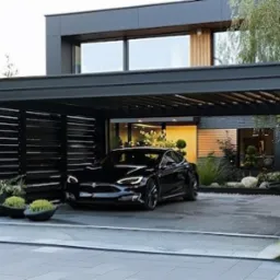 Nowoczesna, czarna konstrukcja z metalu, pełniąca funkcję zadaszenia dla samochodu Tesla. Minimalistyczny design, rośliny w donicach, elegancka posesja.