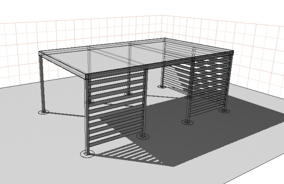 Wizualizacja 3D metalowej konstrukcji z poziomymi panelami, prawdopodobnie zadaszenia lub wiaty, na szarym tle z siatką.