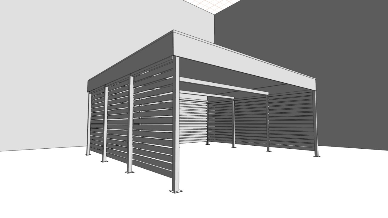 Wizualizacja 3D metalowej pergoli z poziomymi lamelami, widok z perspektywy, szara kolorystyka, minimalistyczny design.
