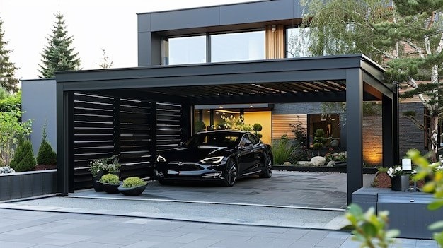 Nowoczesna, czarna konstrukcja z metalu, pełniąca funkcję zadaszenia dla samochodu Tesla. Minimalistyczny design, rośliny w donicach, elegancka posesja.