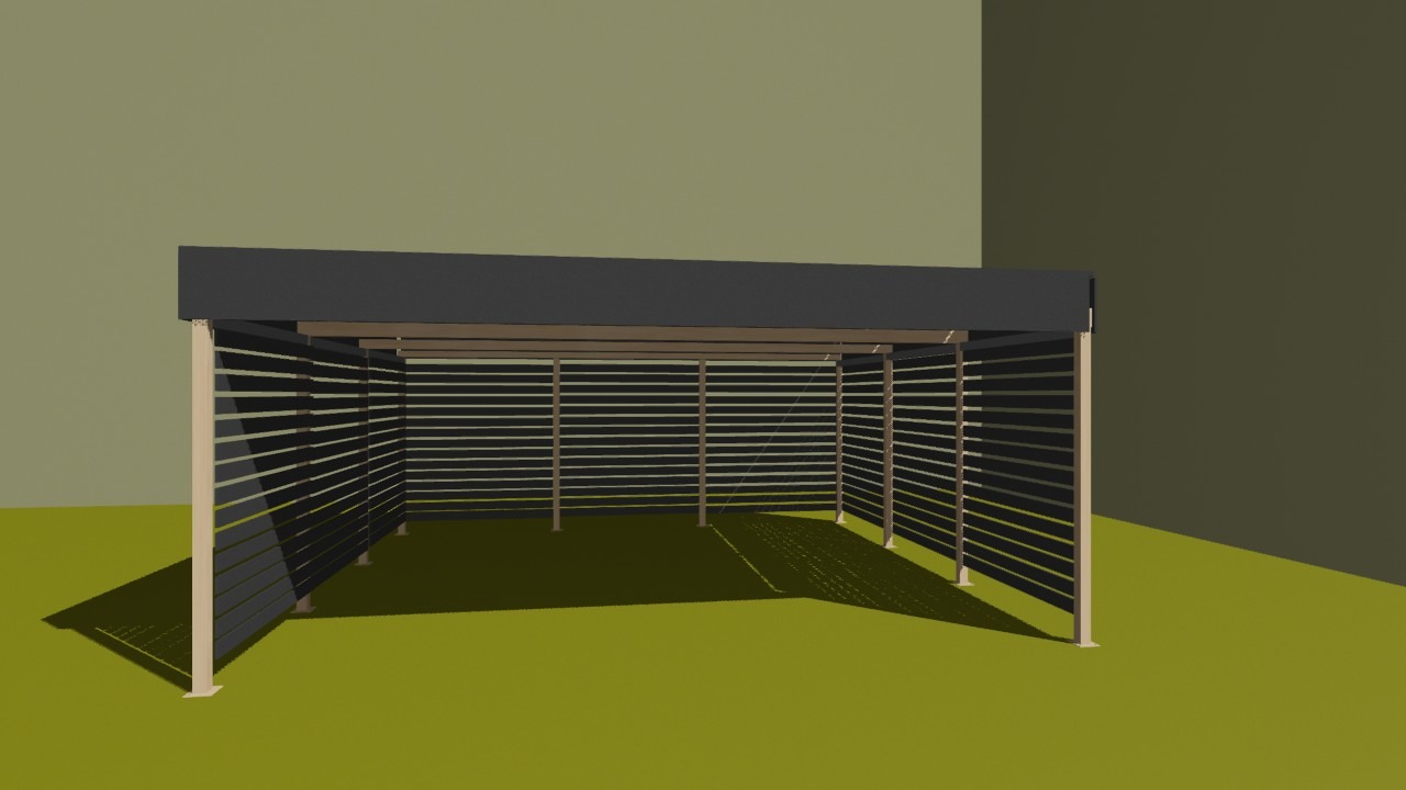 Wizualizacja 3D metalowej pergoli z poziomymi listwami, szary dach, jasne słupy, zielone tło, widok z boku, minimalistyczny design.