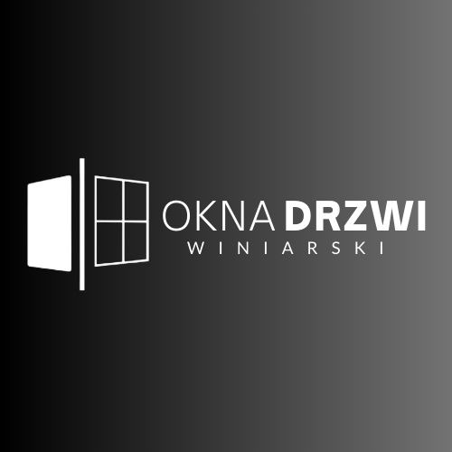 Logo firmy 'OKNA DRZWI Winiarski' z graficznym symbolem okna na czarnym tle.