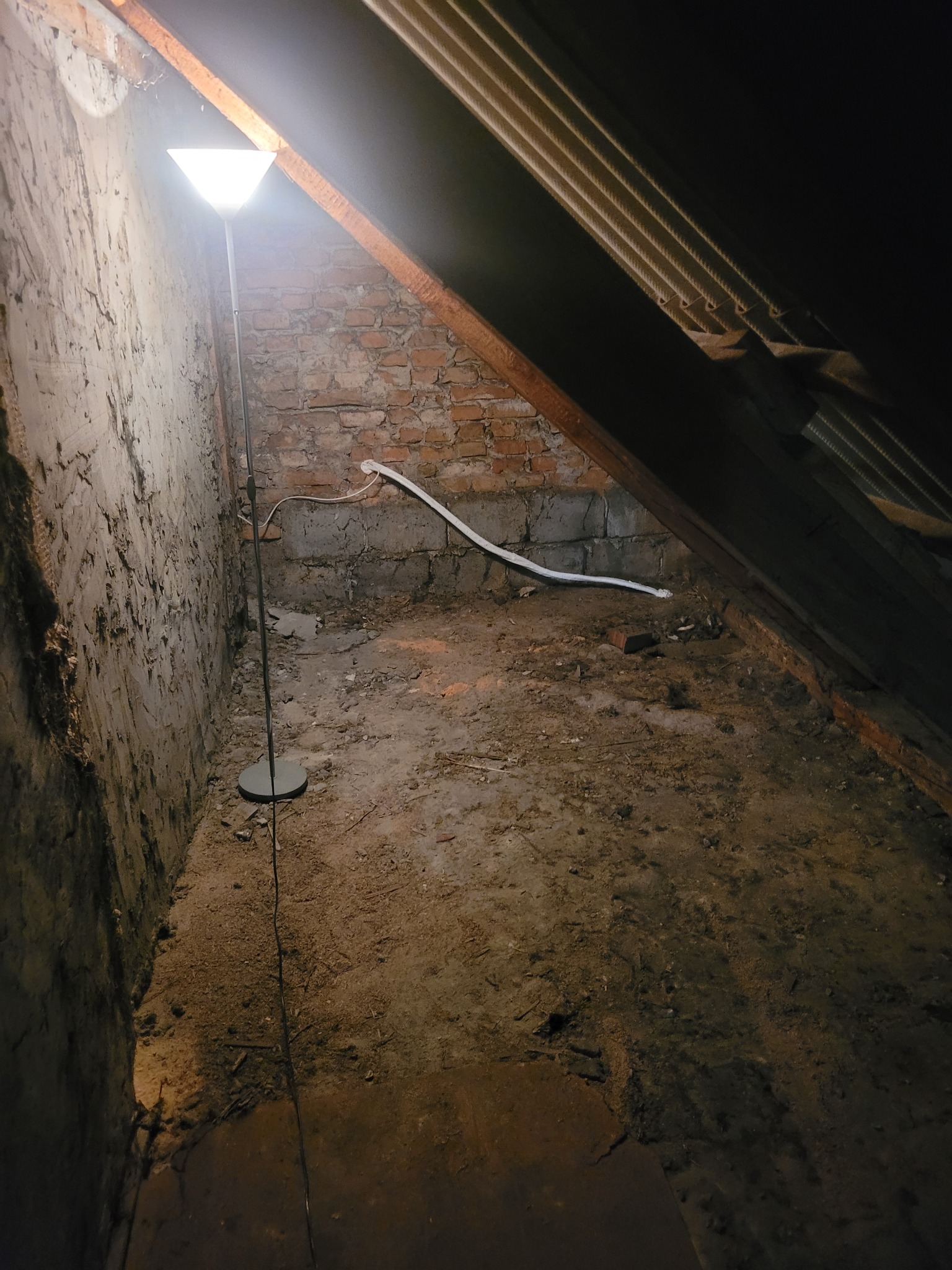 Surowe poddasze z odsłoniętą cegłą, oświetlone lampą podłogową, z widocznymi przewodami elektrycznymi i elementami konstrukcji dachu.