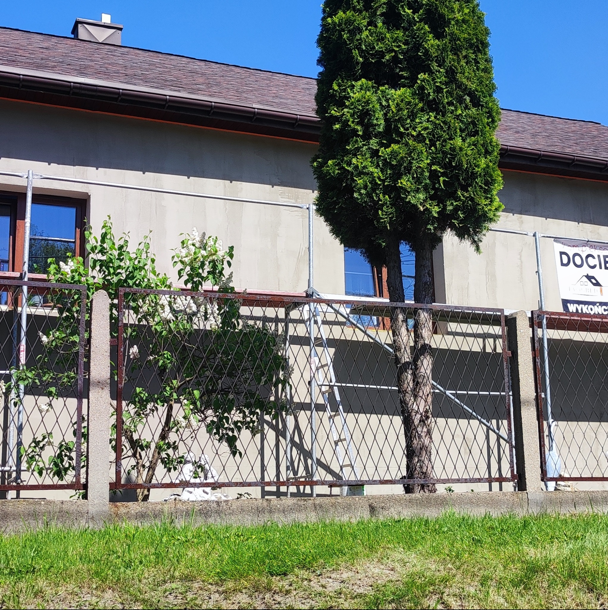 Szare ściany domu z brązowym dachem w trakcie prac, widoczne rusztowanie i drabina, ogrodzenie z siatki na pierwszym planie, drzewo iglaste rosnące blisko ściany.