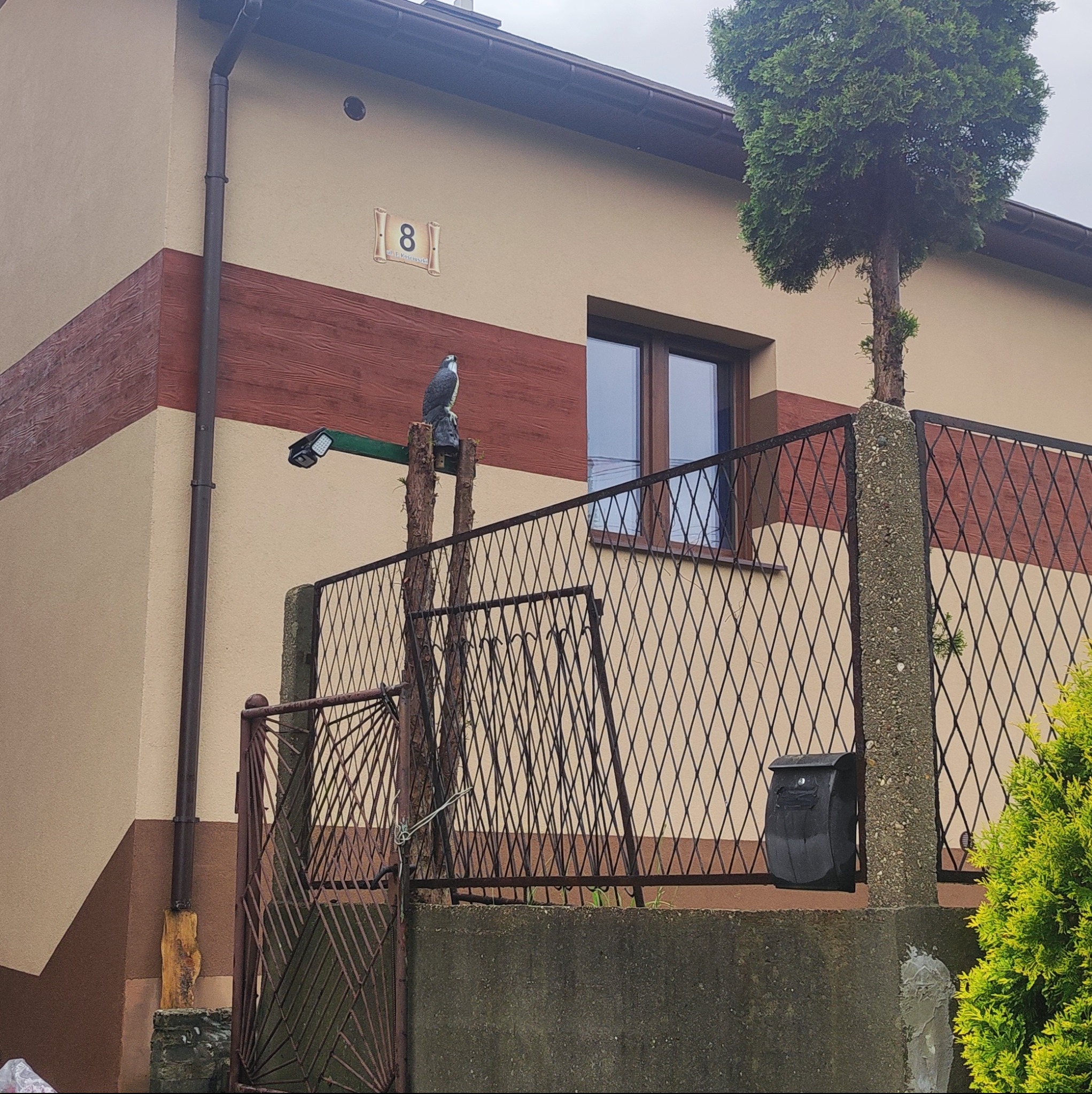 Elewacja budynku z dekoracyjnym pasem w kolorze brązowym imitującym drewno, numer domu '8' w ozdobnej ramce, lampa zewnętrzna i metalowe ogrodzenie z dekoracyjnym słupkiem oraz figurką sokoła...