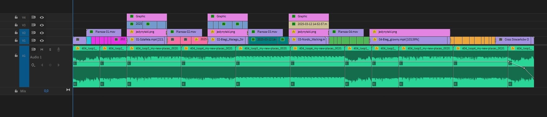 Interfejs programu do montażu wideo z widoczną osią czasu, klipami wideo i audio, efektami i ścieżkami dźwiękowymi.