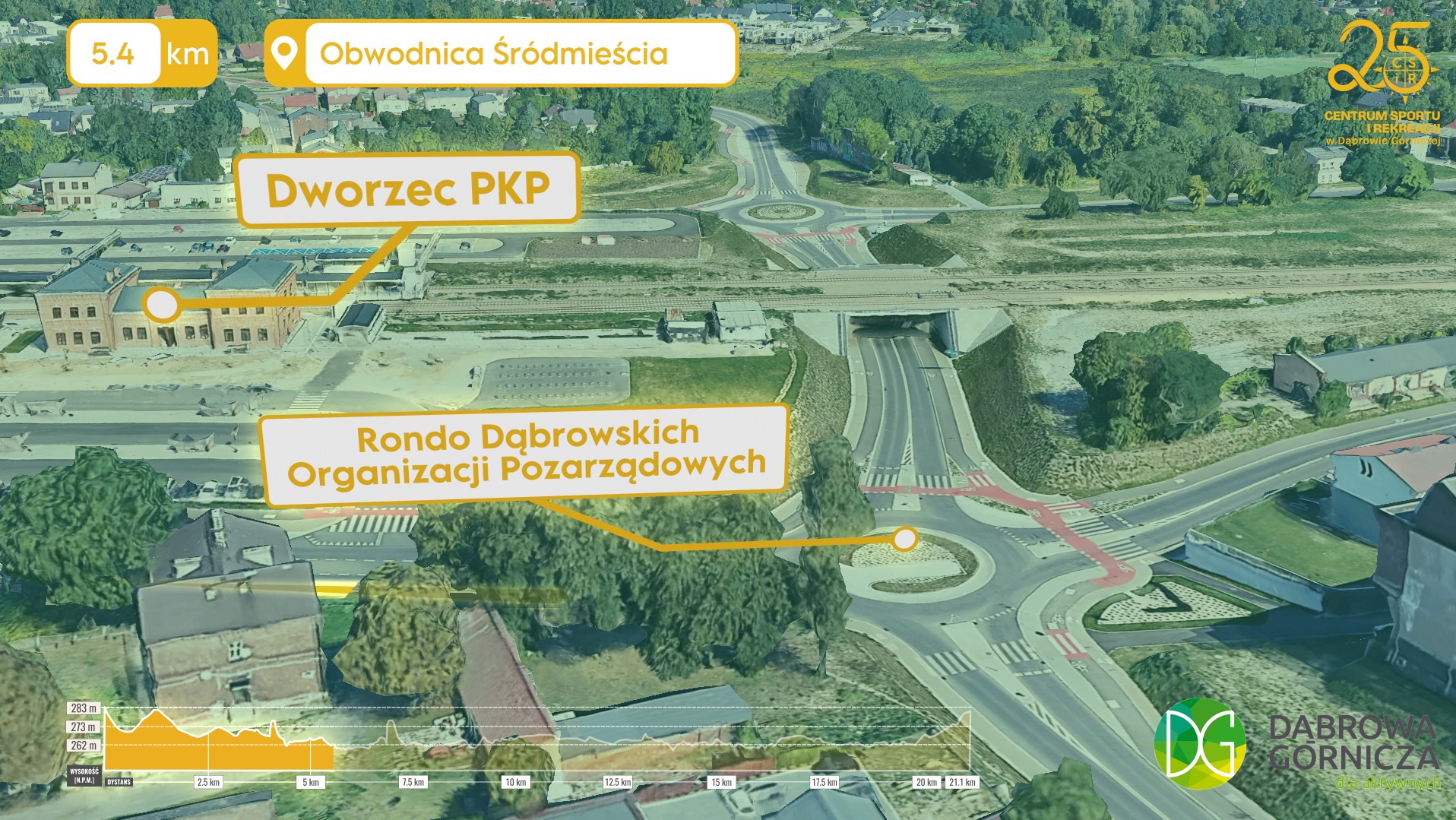 Animacja 3D trasy Półmaratonu Dąbrowskiego 2025 z widokiem na Dworzec PKP, rondo i obwodnicę, nakładająca się na render Google Earth, z naniesionym profilem wysokości trasy.