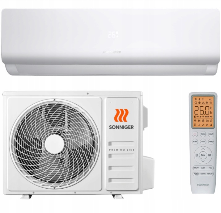 Nowoczesny, biały klimatyzator marki Sonniger z pilotem zdalnego sterowania, pokazujący temperaturę 26 stopni Celsjusza. Widoczny model premium line.