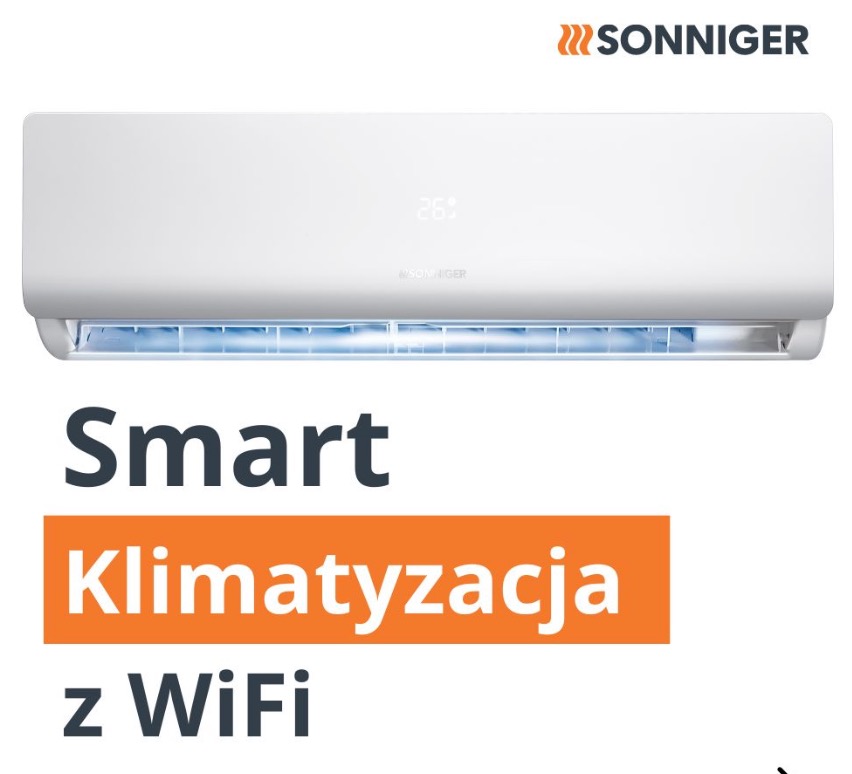 Biały klimatyzator SONNIGER z wyświetlaczem temperatury 26 stopni, z funkcją Smart i WiFi, na białym tle.