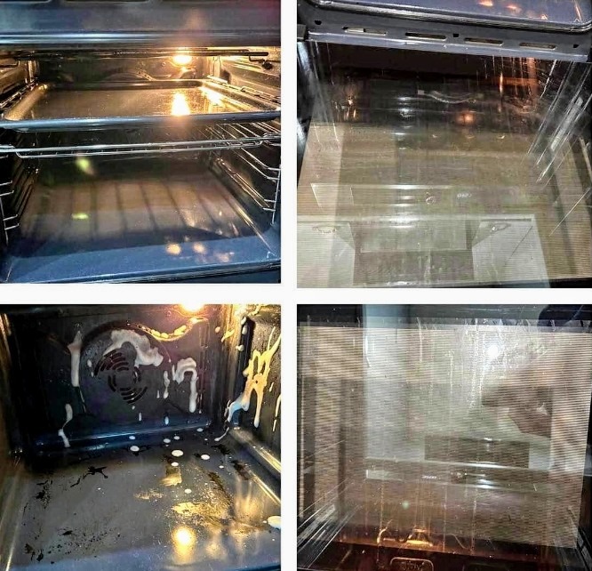 Kolaż przedstawiający wnętrze piekarnika przed i po czyszczeniu. Górne zdjęcia ukazują czysty piekarnik z włączonym światłem. Dolne zdjęcia pokazują piekarnik zabrudzony, z resztkami jedzenia...