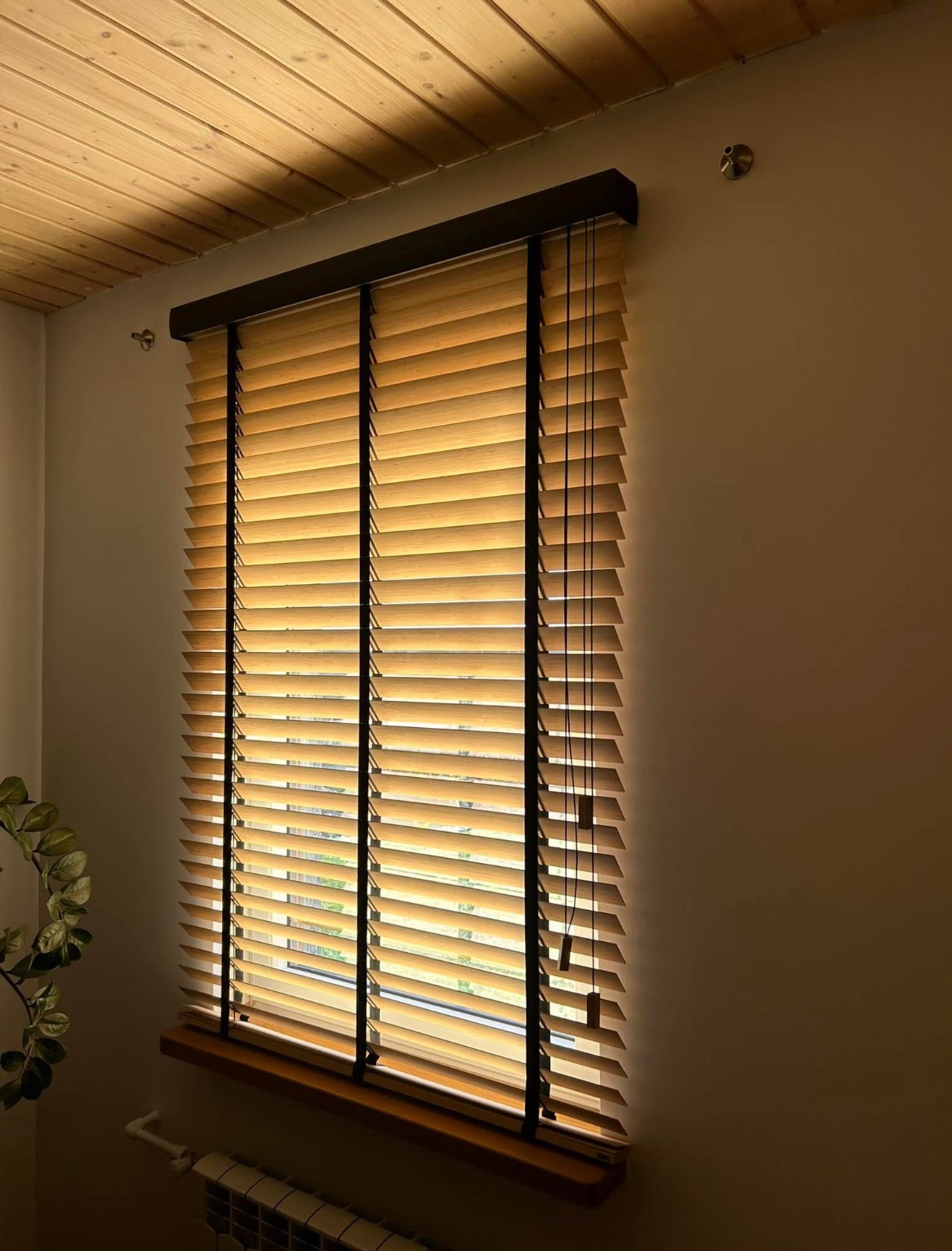 Zamknięte drewniane żaluzje w odcieniach beżu z ciemnymi sznurkami i ramą, zamontowane w oknie z drewnianym parapetem, widok na fragment kaloryfera i rośliny doniczkowej