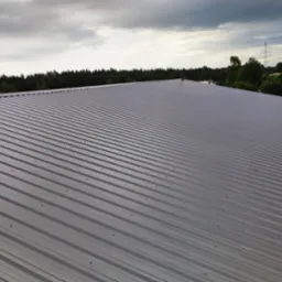 Rozległy, szary dach z blachy trapezowej, widok z góry, na tle lasu i pochmurnego nieba.