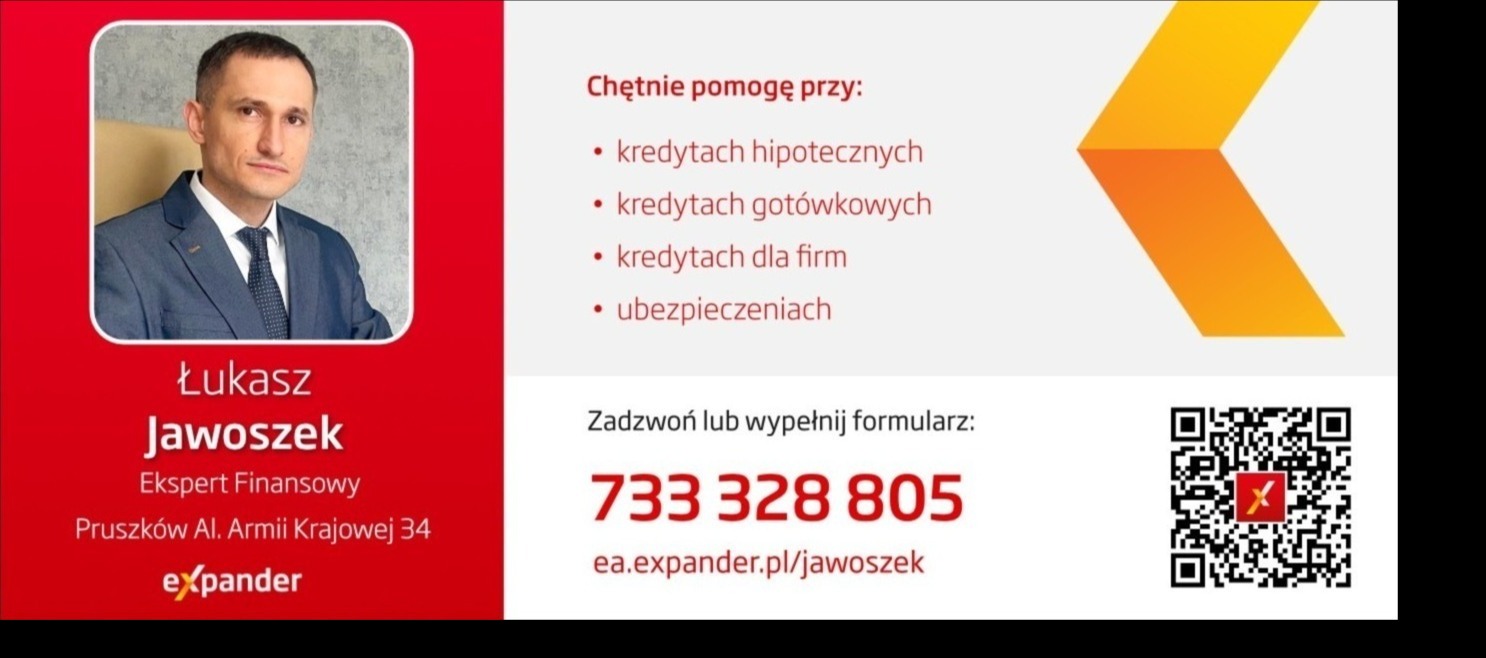 Portret eksperta finansowego Łukasza Jawoszka w garniturze, obok lista usług finansowych i dane kontaktowe oraz kod QR.