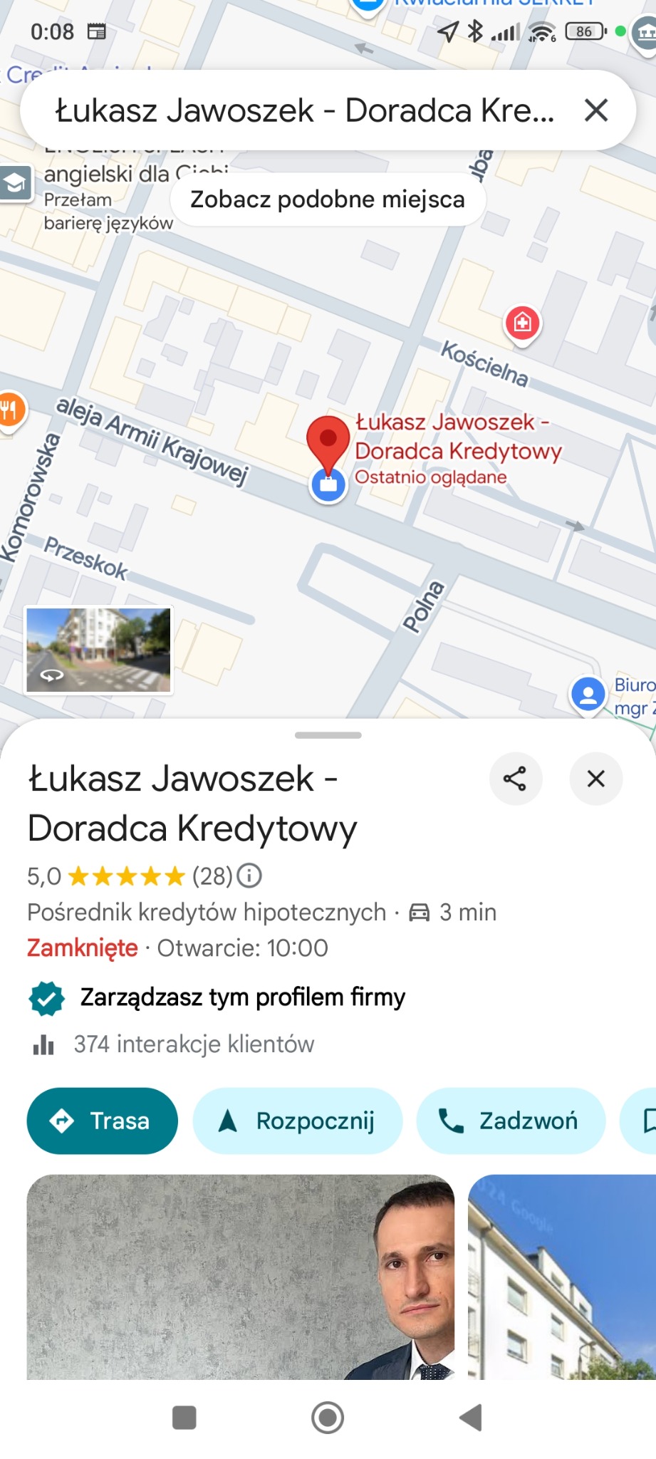 Zrzut ekranu z aplikacji Google Maps prezentujący lokalizację i profil firmy 'Łukasz Jawoszek - Doradca Kredytowy', wraz z oceną, liczbą interakcji i opcjami nawigacji.