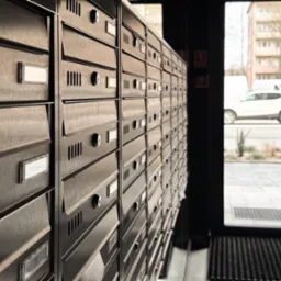 Rząd metalowych skrytek pocztowych wewnątrz budynku, widok przez szklane drzwi na ulicę z zaparkowanym białym samochodem.