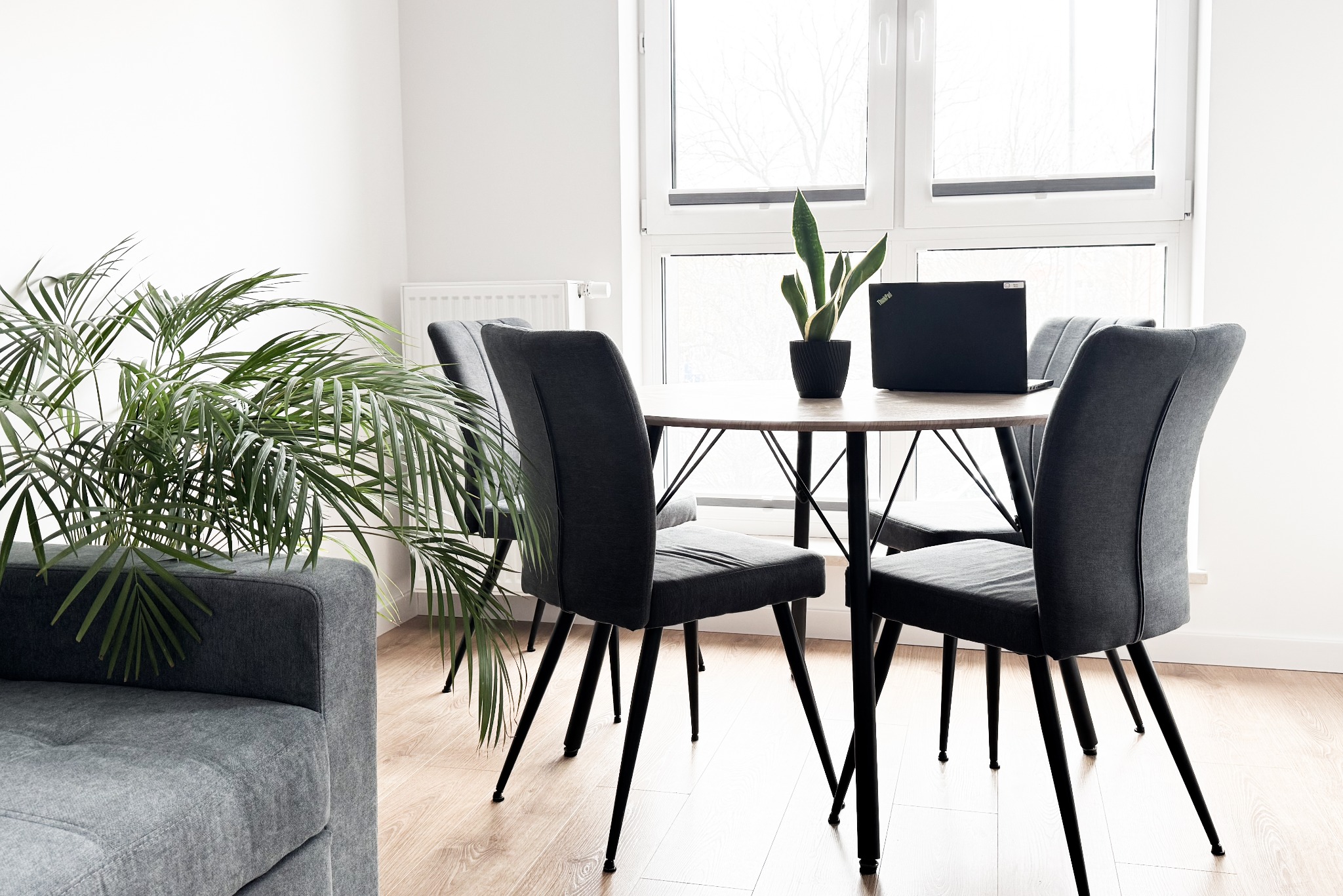 Jasne biuro z okrągłym stołem, czterema szarymi krzesłami na czarnych nogach, laptopem ThinkPad i roślinami doniczkowymi, minimalistyczny wystrój.
