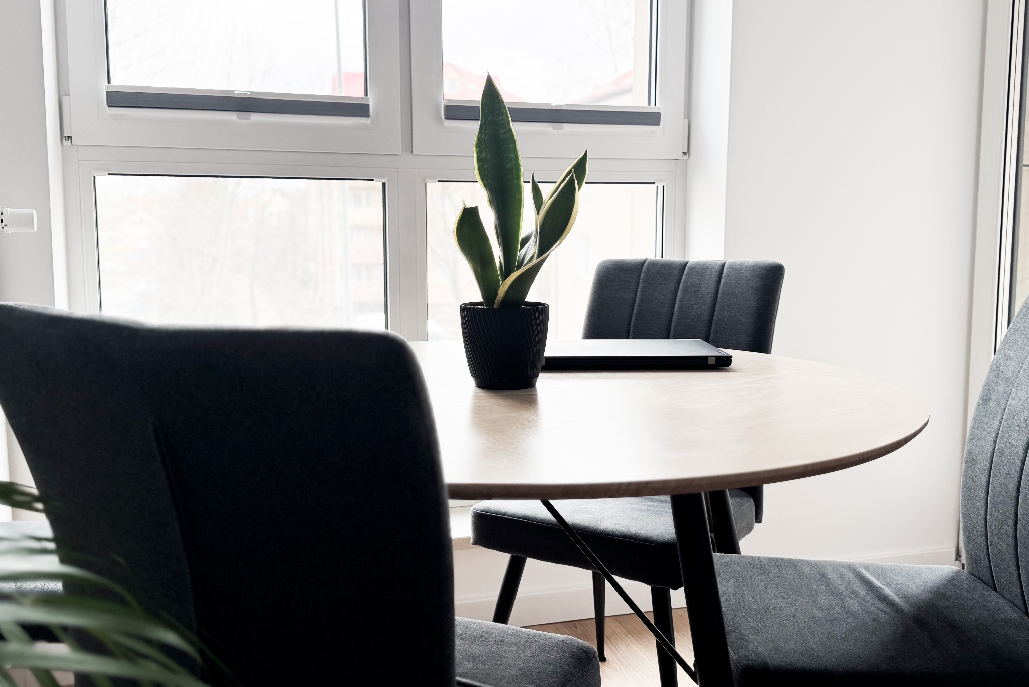 Jasne wnętrze biurowe z okrągłym stołem, szarymi krzesłami i rośliną w doniczce, laptop na stole, widok na okno.