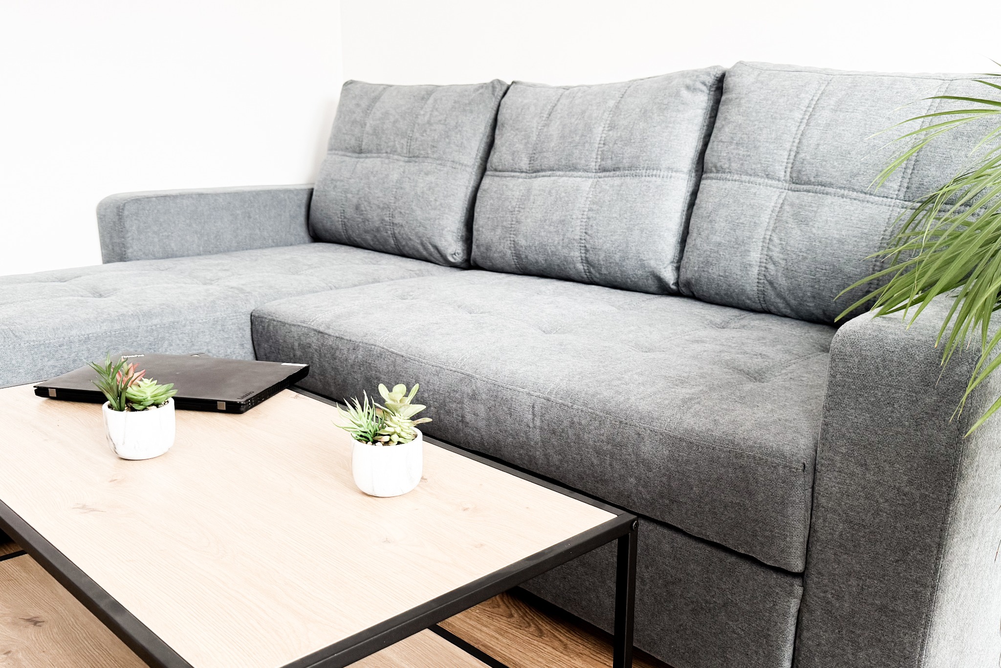 Szary narożnik z trzema poduchami, drewniany stolik kawowy z czarnymi nogami, dwa małe sukulenty w białych doniczkach oraz laptop na blacie.