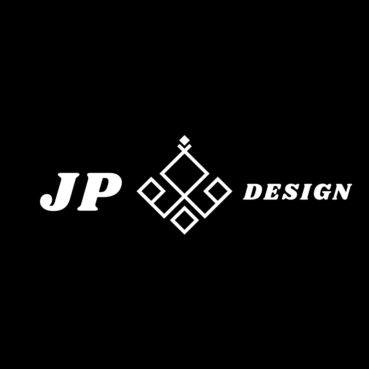 Minimalistyczne logo 'JP Design' na czarnym tle. Biały, geometryczny symbol i nazwa firmy w nowoczesnej czcionce. Kontrastowe i eleganckie.