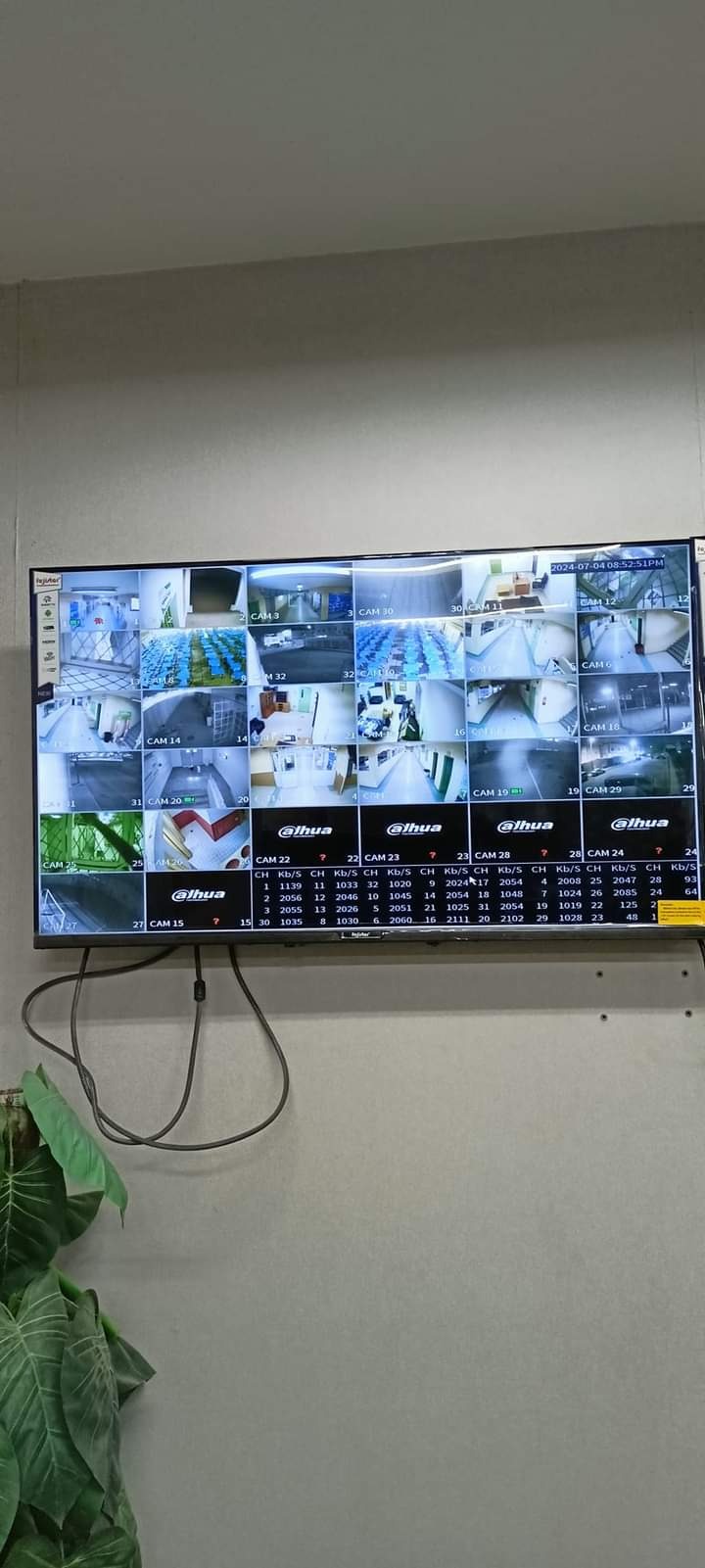 Monitor z podglądem z wielu kamer monitoringu, wyświetlający obrazy z różnych lokalizacji, wraz z danymi o transmisji danych, zamontowany na ścianie obok rośliny doniczkowej.