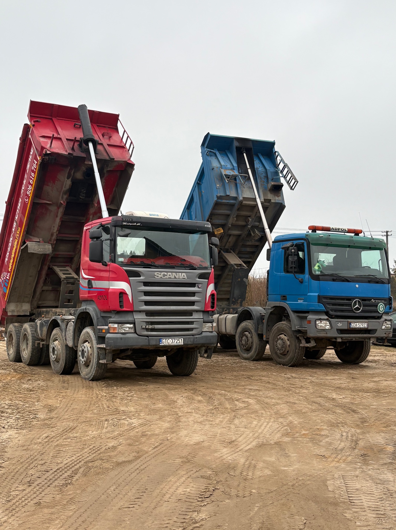 Dwa samochody ciężarowe typu wywrotka, jeden czerwony Scania R420 z podniesioną skrzynią i numerem telefonu na burcie, drugi niebieski Mercedes Actros, oba na piaszczystym podłożu.