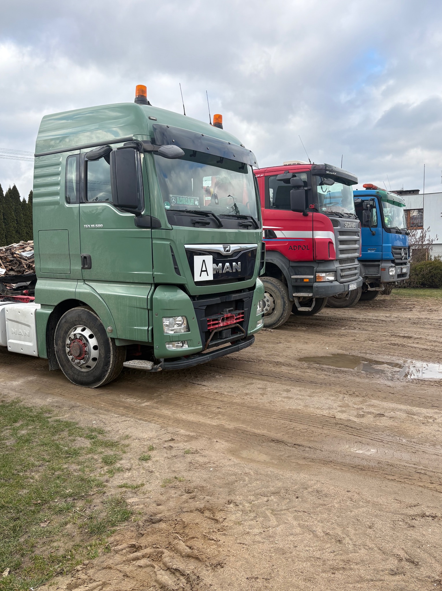 Trzy ciężarówki różnych marek (MAN, Scania, Mercedes) zaparkowane na błotnistym terenie, z zieloną ciężarówką MAN z załadowanym drewnem z tyłu.