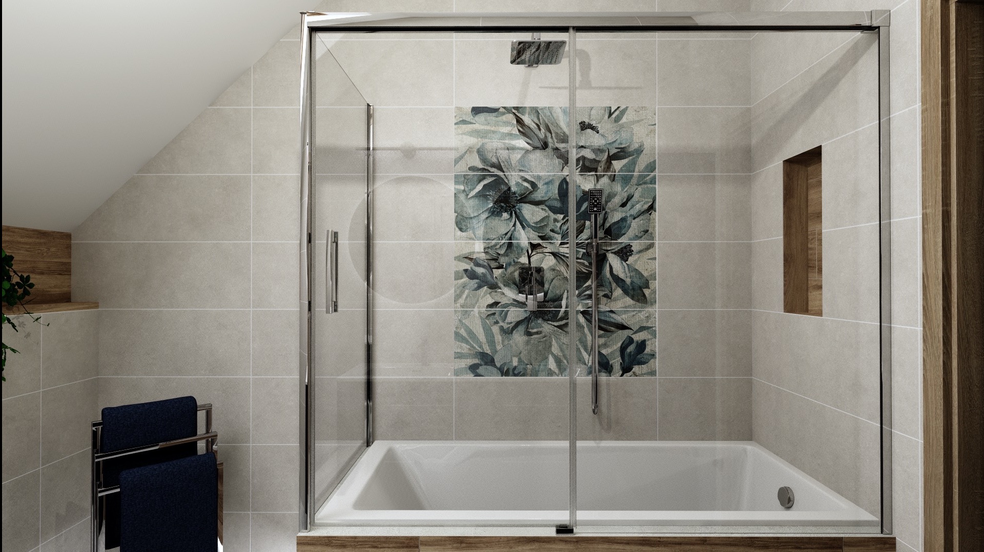 Nowoczesna łazienka z kabiną prysznicową typu walk-in, wykończona płytkami w odcieniach szarości z motywem kwiatowym, drewnianymi akcentami i chromowanym grzejnikiem na ręczniki.