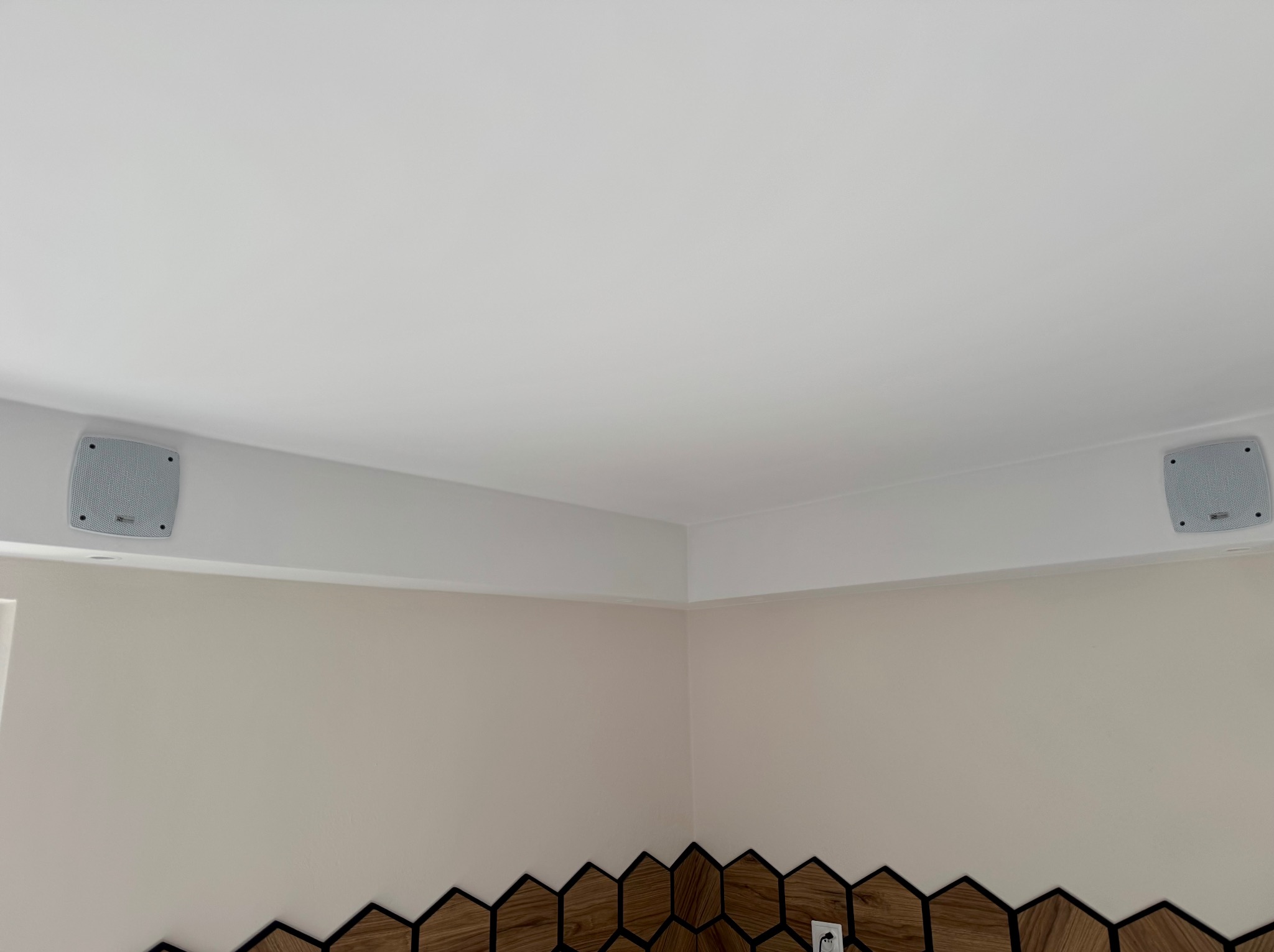 Wykończone wnętrze: gładki, biały sufit z dwoma zamontowanymi głośnikami, kremowe ściany i dekoracyjna boazeria z drewnianych heksagonów z czarną obwódką.
