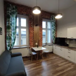 Pokój z aneksem kuchennym z odkrytą cegłą.