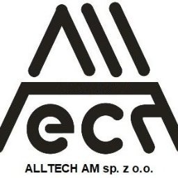 Czarne logo ALLTECH AM sp. z o.o. z charakterystycznym symbolem trójkąta i napisem 'tech' wewnątrz, umieszczone na białym tle. Minimalistyczny design.