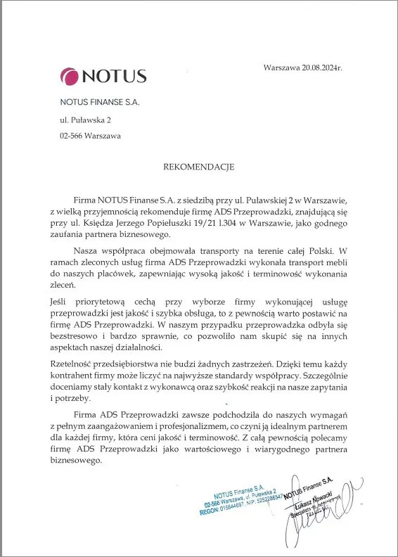 Rekomendacja firmy NOTUS Finanse S.A. dla ADS Przeprowadzki, potwierdzająca wysoką jakość i terminowość transportu mebli na terenie całej Polski.