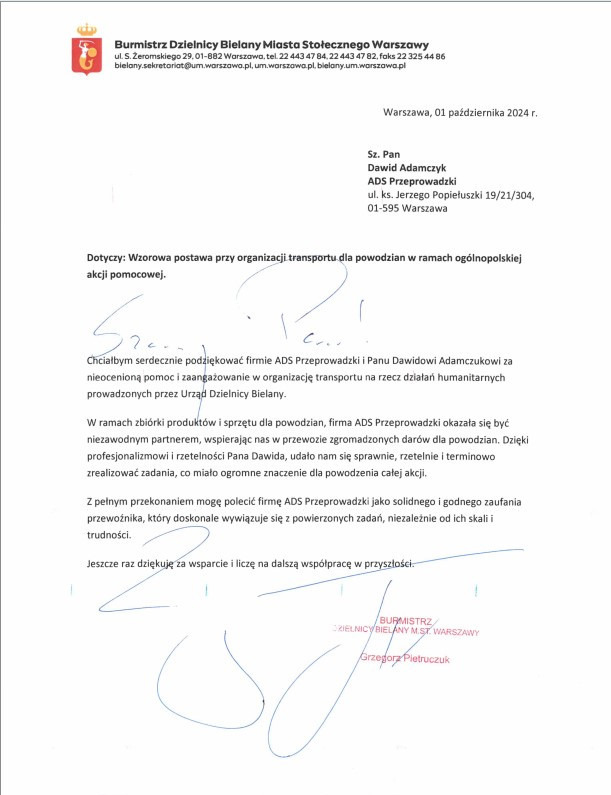 Podziękowanie od Burmistrza Dzielnicy Bielany dla ADS Przeprowadzki za pomoc w organizacji transportu dla powodzian. Dokument z podpisem Grzegorza Pietruczuka.