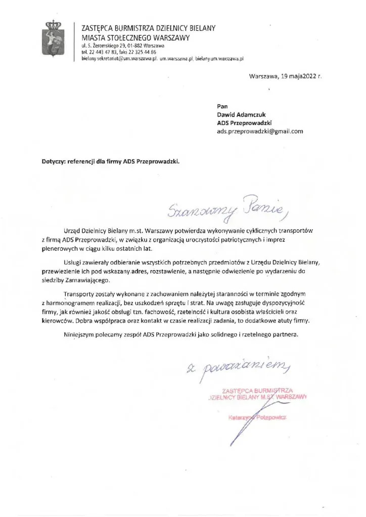 Referencje dla ADS Przeprowadzki od Urzędu Dzielnicy Bielany, potwierdzające solidność i rzetelność firmy w organizacji transportów i imprez plenerowych.