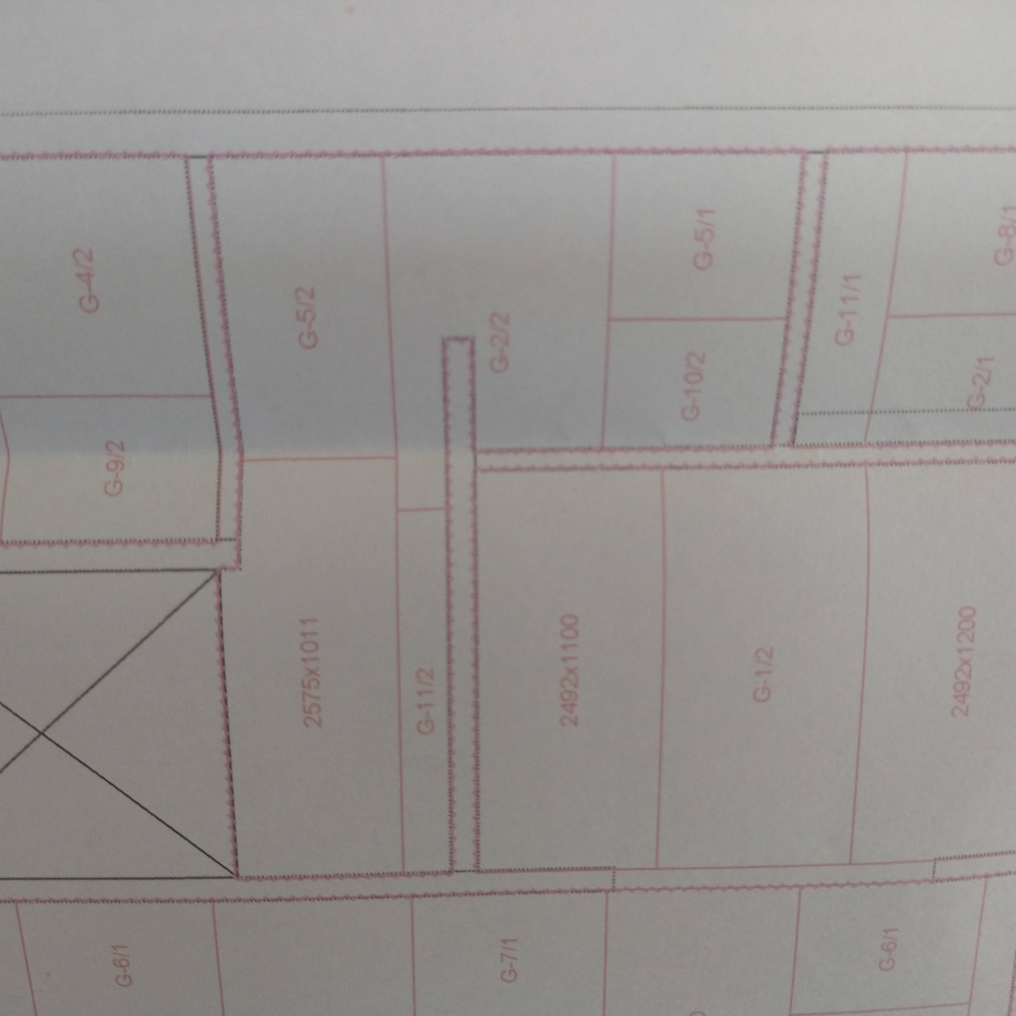 Plan podziału pomieszczeń z wymiarami, oznaczony numerami G-4/2, G-5/2, G-11/2, G-2/2, G-5/1, G-11/1, G-8/1, G-6/1, G-9/2, G-7/1, G-1/2, G-2/1, G-10/2, 2575x1011, 2492x1100, 2492x1200.