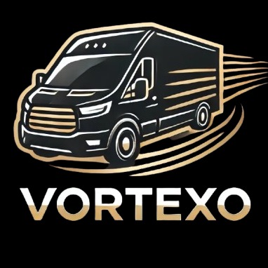 Stylizowany, czarno-złoty wizerunek busa z nazwą firmy VORTEXO na czarnym tle, sugerujący szybki transport. Grafika.