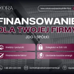 Finansowanie dla firm: grafika z hasłem na tle klawiatury i arkusza kalkulacyjnego, ikony usług: kredyty, faktury, ZUS/US, koszty energii. Odra Investments, Opole.
