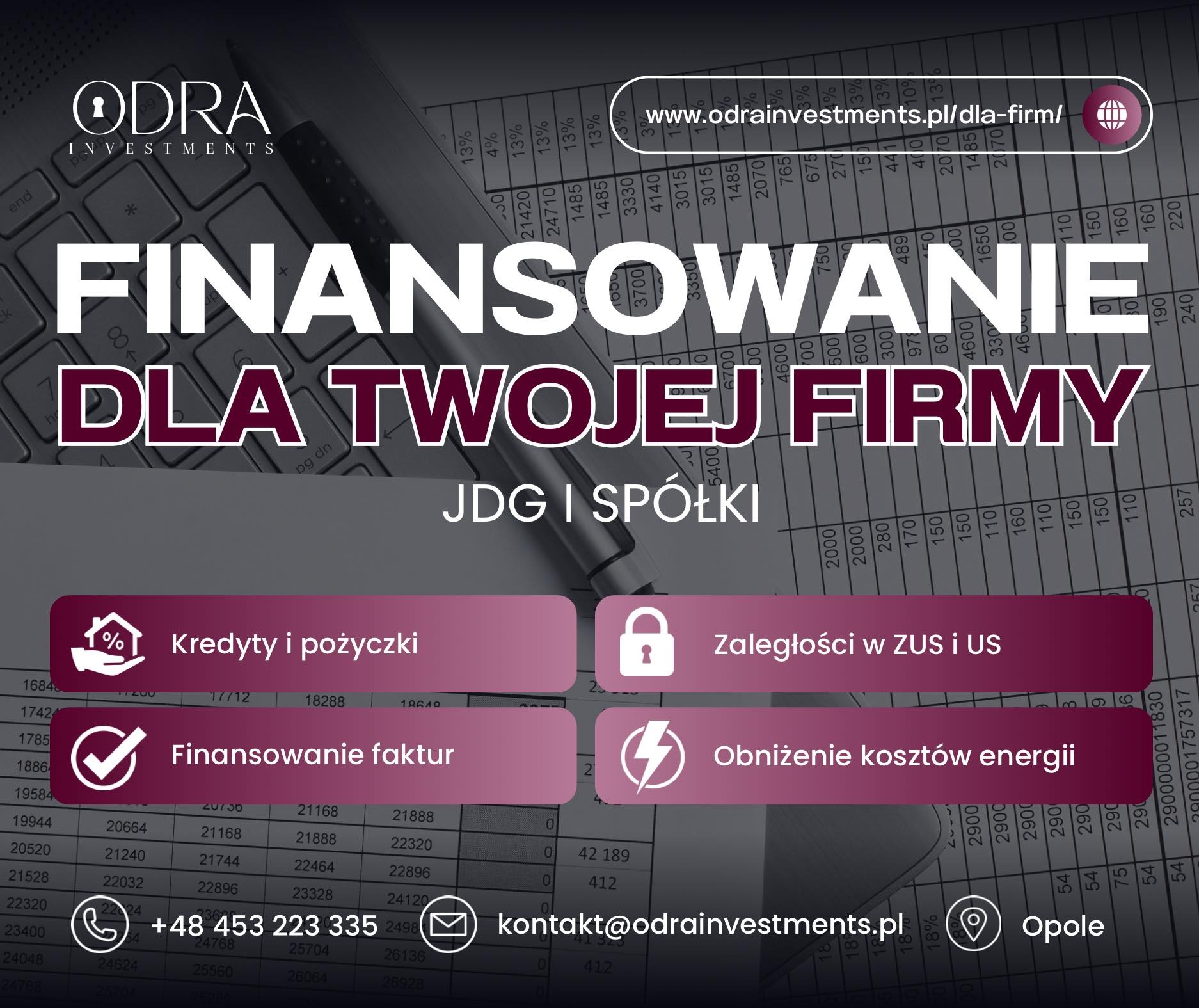 Finansowanie dla firm: grafika z hasłem na tle klawiatury i arkusza kalkulacyjnego, ikony usług: kredyty, faktury, ZUS/US, koszty energii. Odra Investments, Opole.