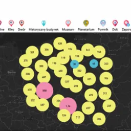 Mapa Europy Wschodniej z naniesionymi okrągłymi znacznikami punktów, z różnymi kolorami (żółty, różowy, niebieski) i numerami wewnątrz, reprezentująca aplikację CityPointer.pl do wyszukiwania...
