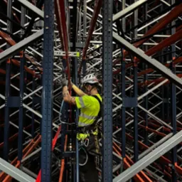 Pracownik w kasku i odzieży ochronnej, zabezpieczony linami, wykonuje prace na wysokości wewnątrz magazynu z regałami o konstrukcji metalowej w kolorach szarym, czerwonym i niebieskim.